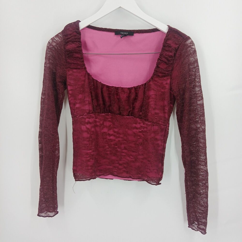 Forever 21 Womens Size XS Pink & Burgundy Marled Long Sleeve Crop Top lace